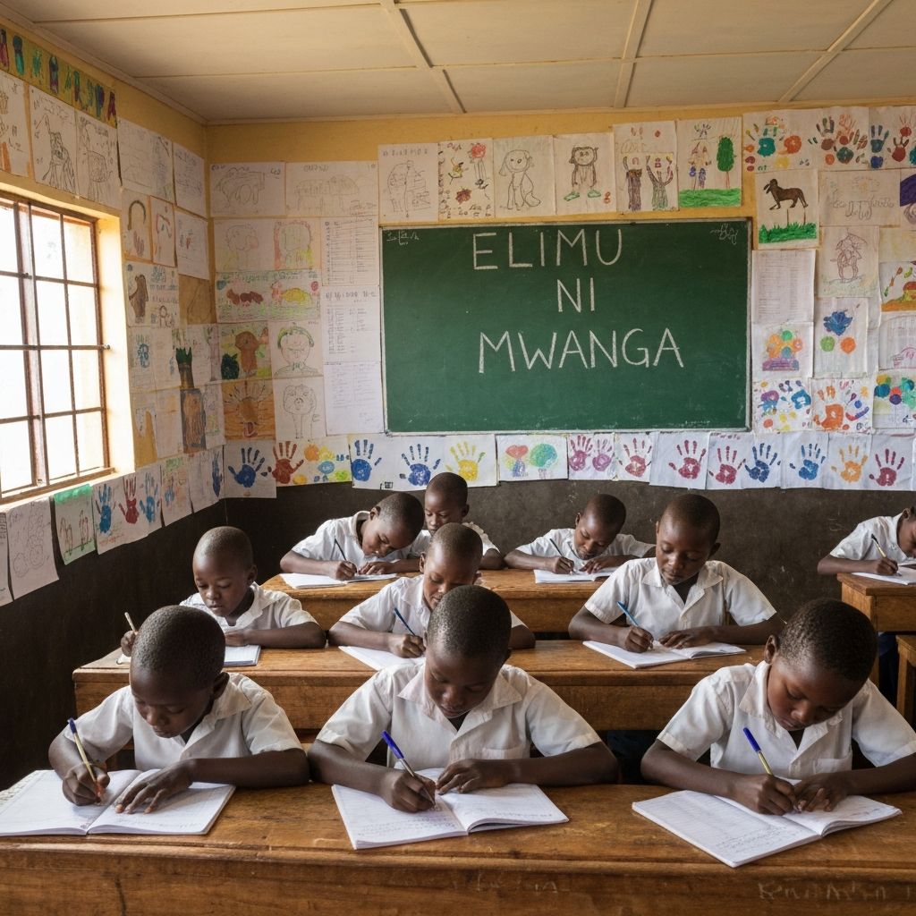 Children learning in classroom with artwork on walls