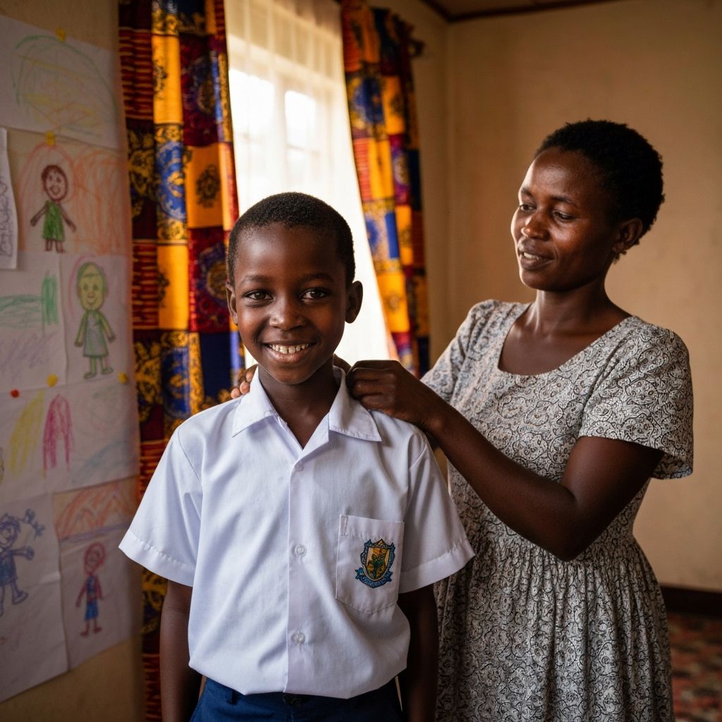 Child receiving new school uniform